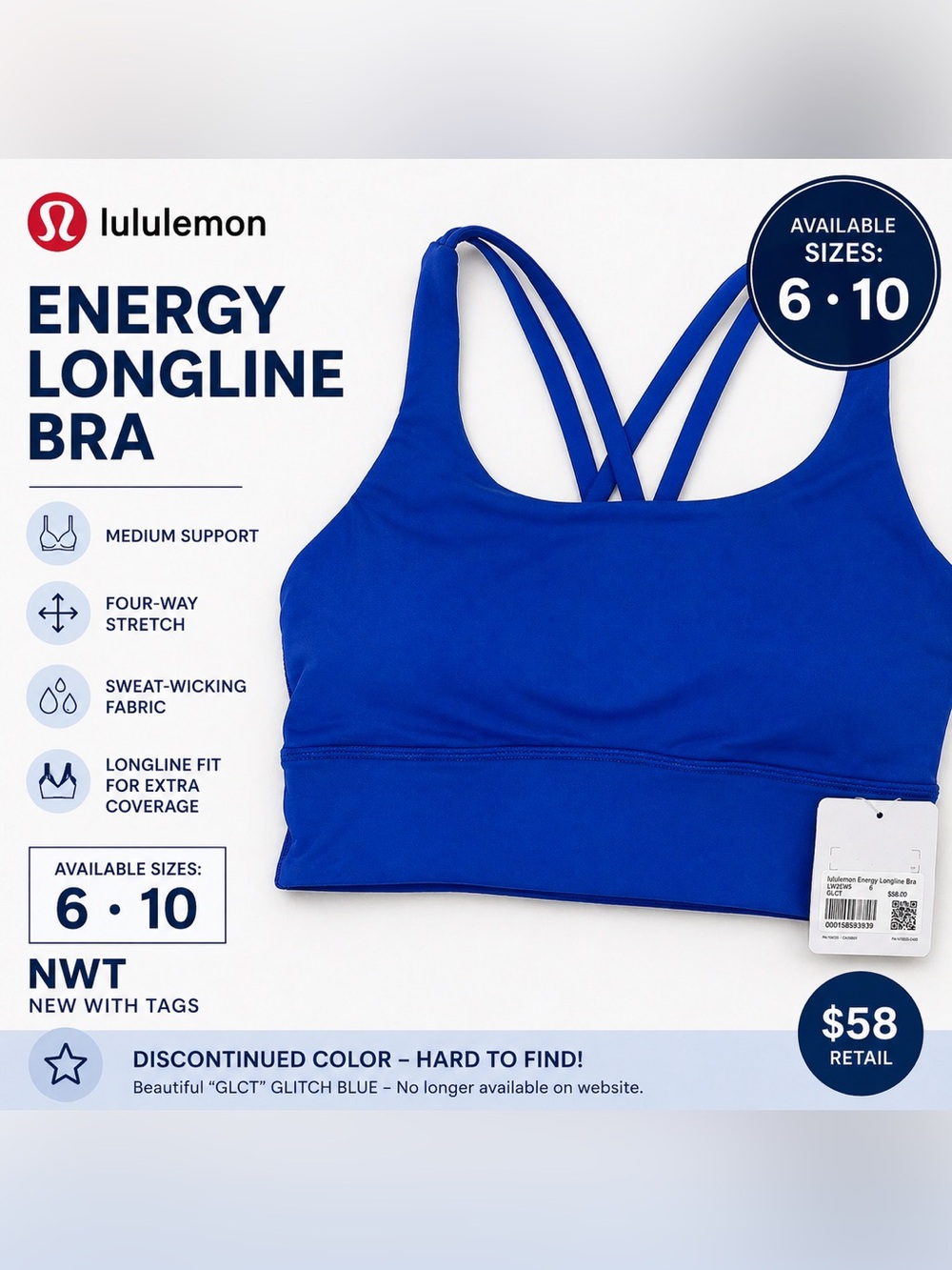 Lululemon Energy Longline Bra electric  Blue NWT Size 6 & 10 Rare